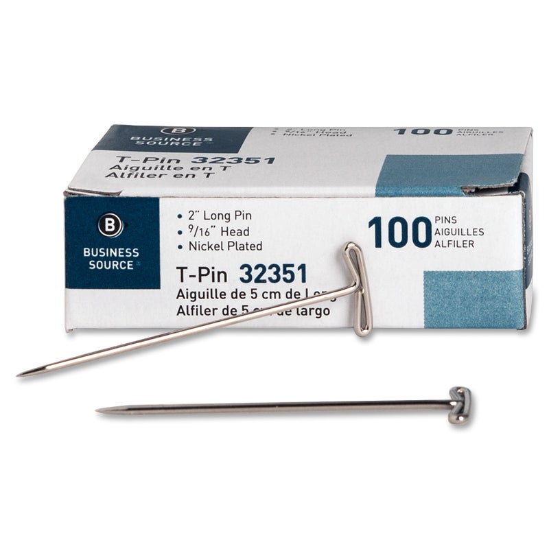 Business Source 32351 T-Pins, 9/16 in. Head Width, 2 in. Length, 100/BX, Silver - Image 1
